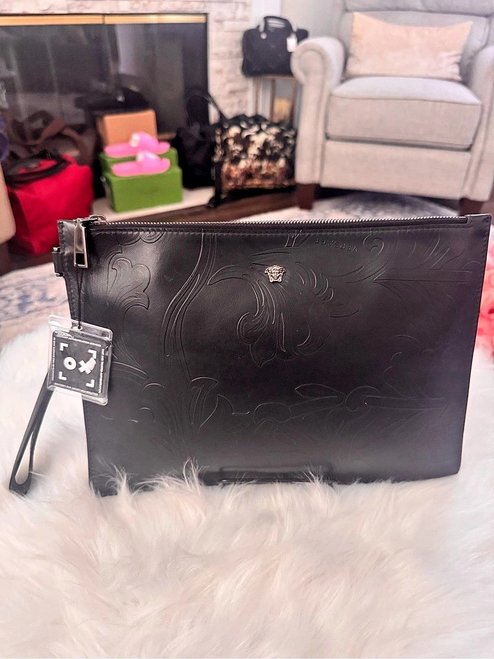 Versace La Medusa Leather Pouch Black Embossed Wristlet Clutch